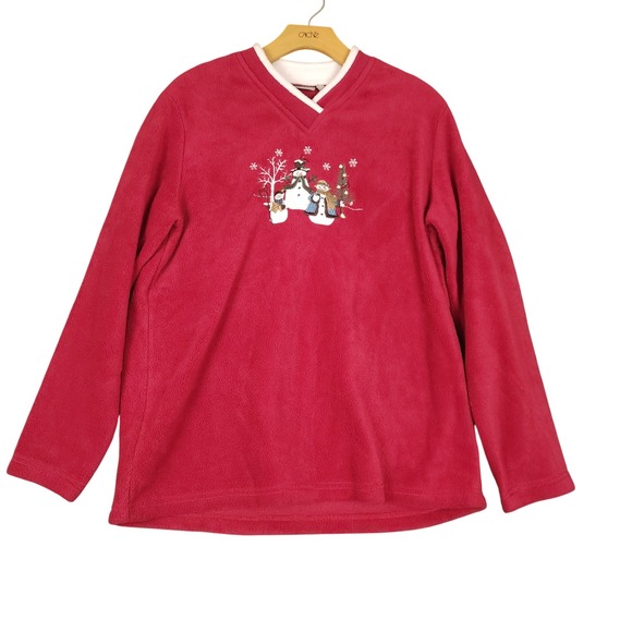 croft & barrow Sweaters - Croft & Barrow Red Fleece Long Sleeve Snowman Christmas V-Neck Top Womens M